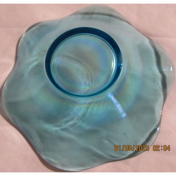 Blue iridescent glass dish saucer trinket dish ruffled edge 6" - Picture 3 of 5